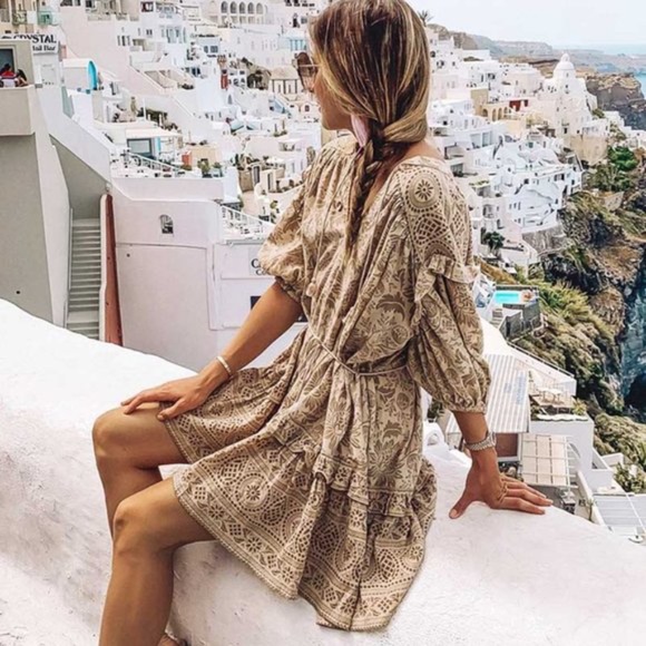 Brown boho gypsy Floral print ruffle mini dress - Picture 4 of 9